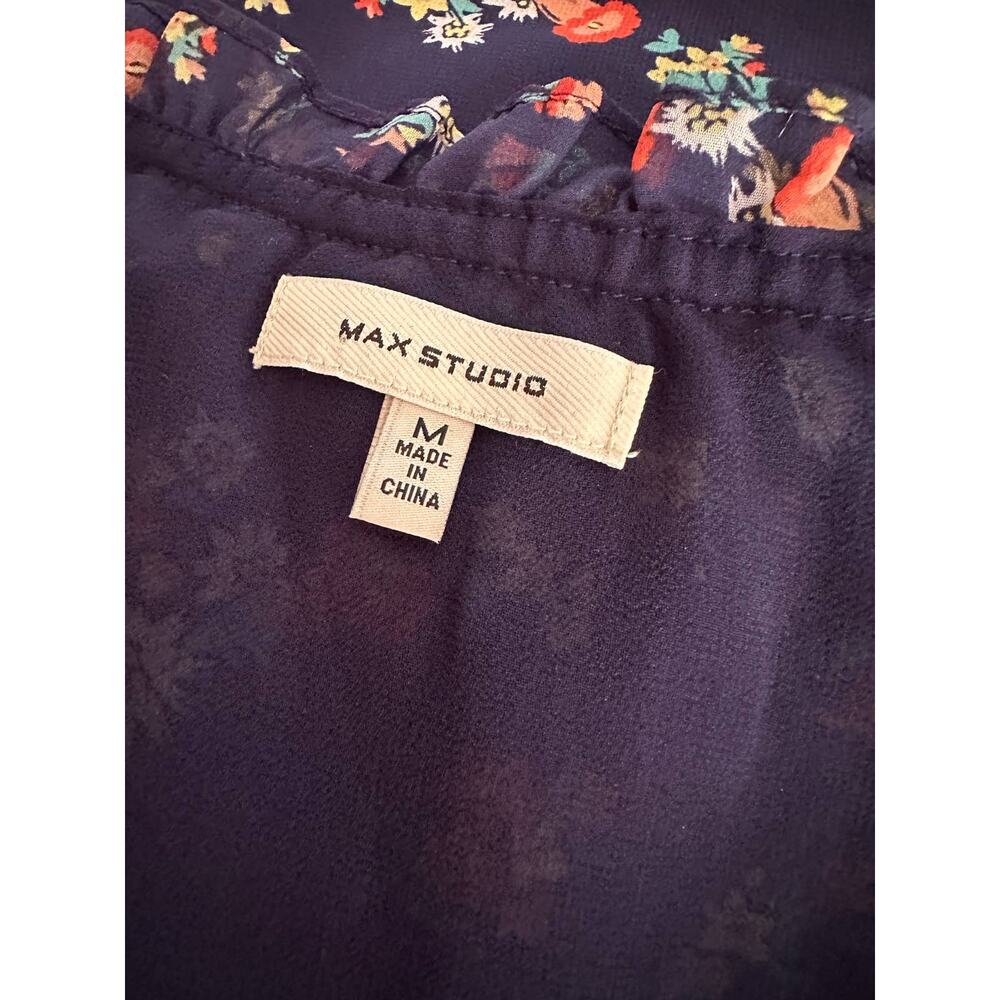 Max Studio Womens Medium Polyester Lined Blue Floral Top Tie Neck - Picture 8 of 13